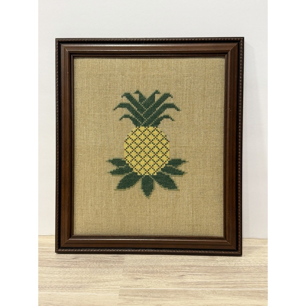 Vintage Framed Pineapple Cross Stitch Needlepoint Wall Art Colonial Folk Decor